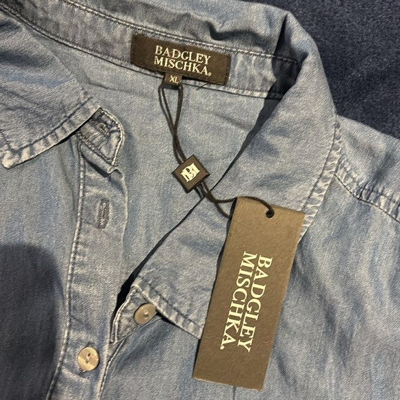 BADGLEY Mischka denim loose fit rhinestone pocket shirt Sz XL - Picture 5 of 11